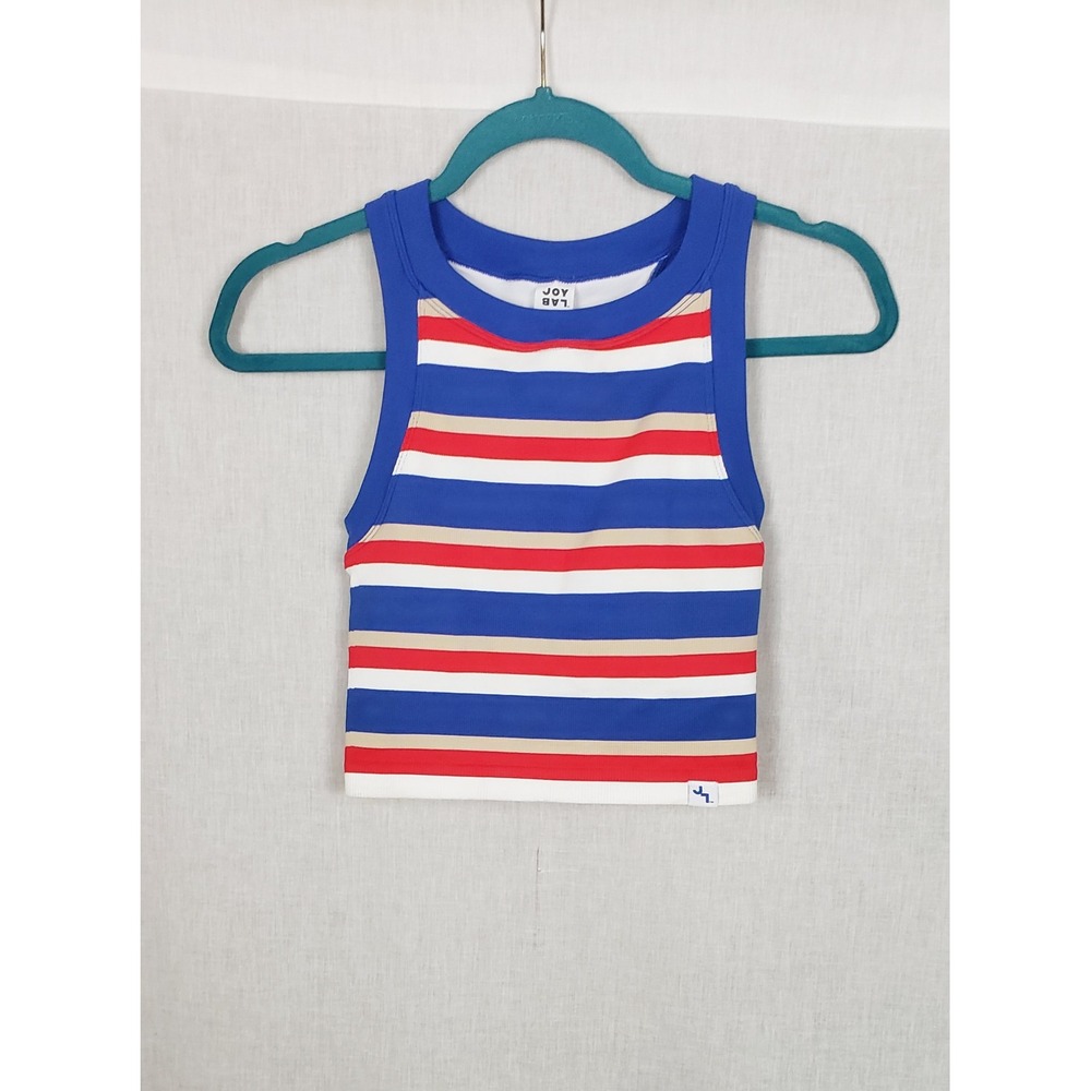 JoyLab Striped Ribbed Knit Racerback Crop Tank Top XS Blue Red White Americana